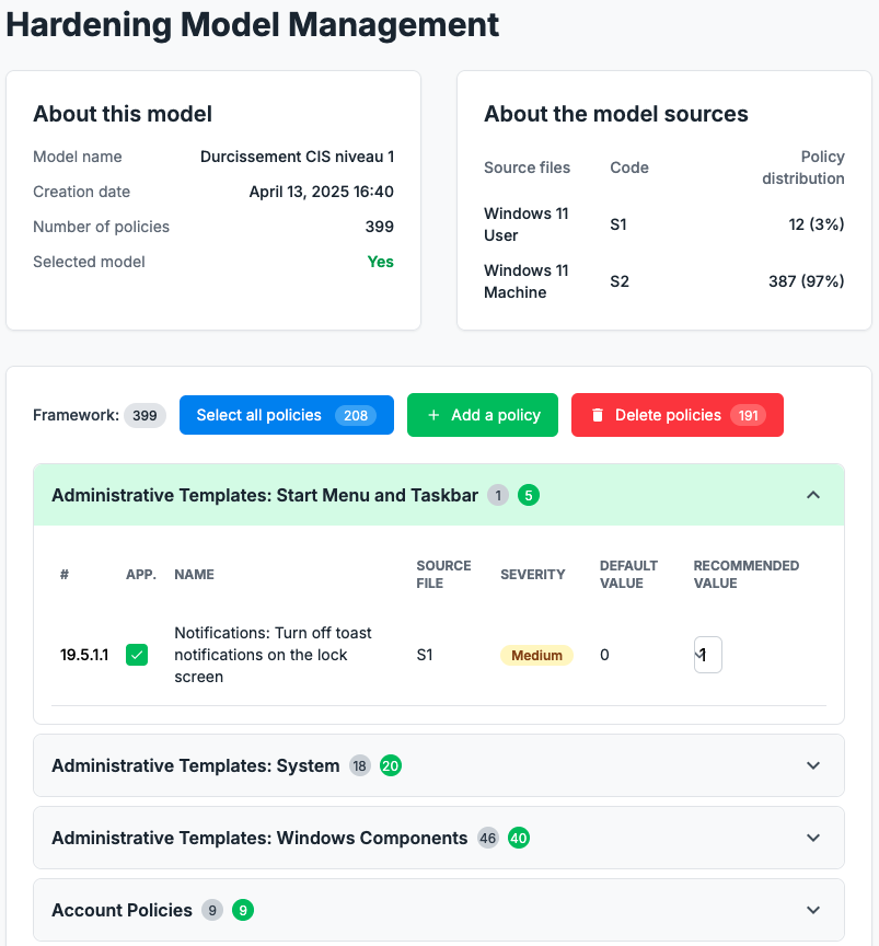 Interface de gestion Hardening Cyberlib
