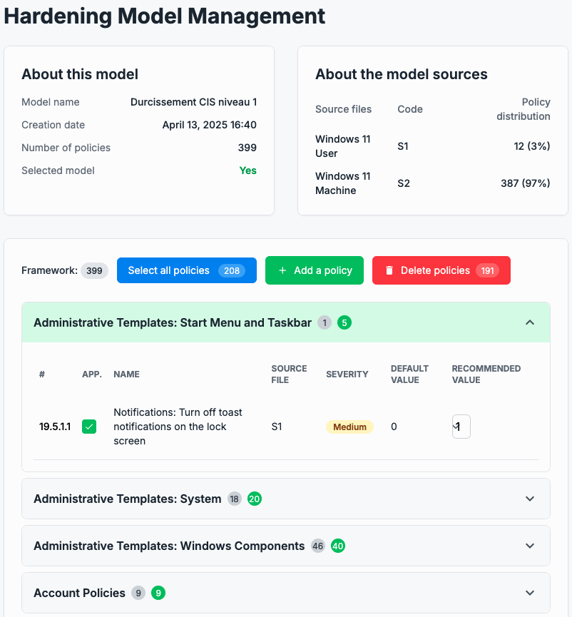Interface de gestion Hardening Cyberlib